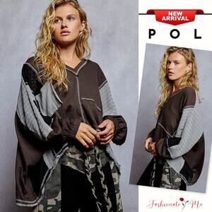 POL High-Low Hem Contrast Stitching V-Neck Long Sleeves Oversized Top | Dk Gray